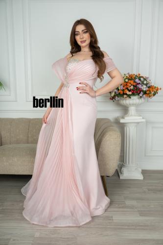 فستان سهرة طويل اوف شولدر بلمعة الكريستال لون زهري