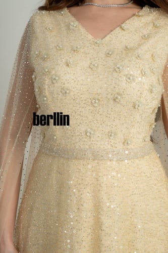 فستان سهرة طويل سديم الشامبين المطرز بزهور اللؤلؤ...