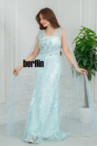 فستان سهره أزرق مائي بقصّة حورية تطريز ريش لامع، ح...