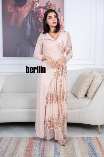 فستان وردي ترتر فاتح طويل بتطريز ترتر لامع ولمسات...