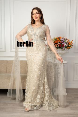 فستان سهرة ماكسي ضيق مطرز بأكمام كيب بيج