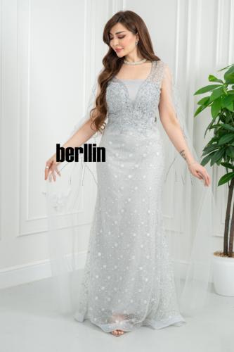 فستان سهره فضي مرصع بنجوم نجمي بكاب تول شفاف متلأل...