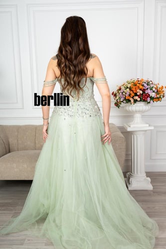 فستان سهرة طويل مميز بتطريز فخم لون تفاحي فاتح