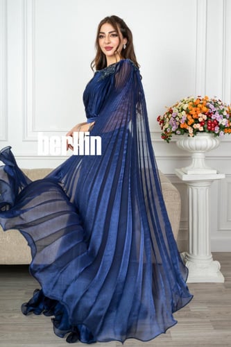 فستان سهرة طويل بيليسيه بتطريز فخم كم ذيل لون ازرق