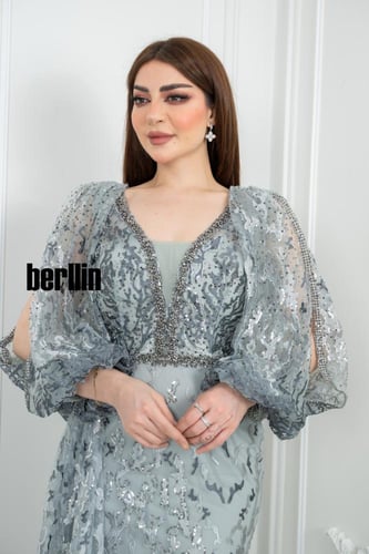 فستان سهرة أنيق بتصميم يتميز بتطريز فاخر مع أكمام...