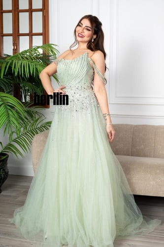 فستان سهرة طويل مميز بتطريز فخم لون تفاحي فاتح