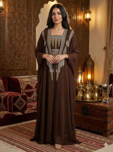 جلابية بشت شيفون بني بتطريز هندسي فاخر