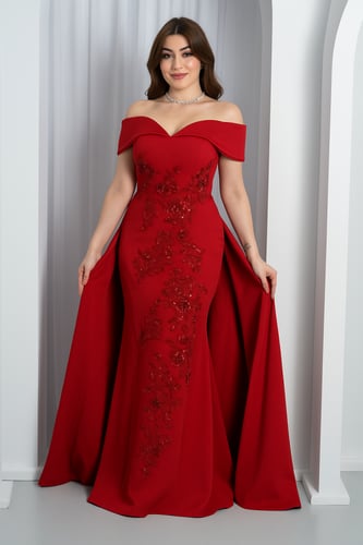 فستان سهرة احمر بتطريز فاخر وأكتاف مكشوفة