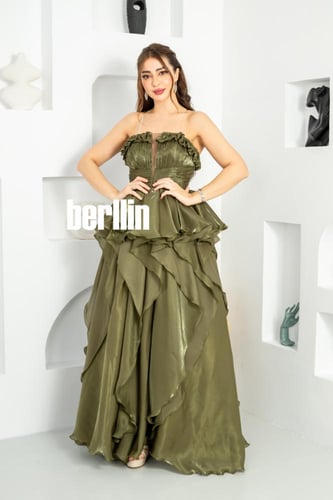 فستان سهره توب كلوش طبقات لون زيتي