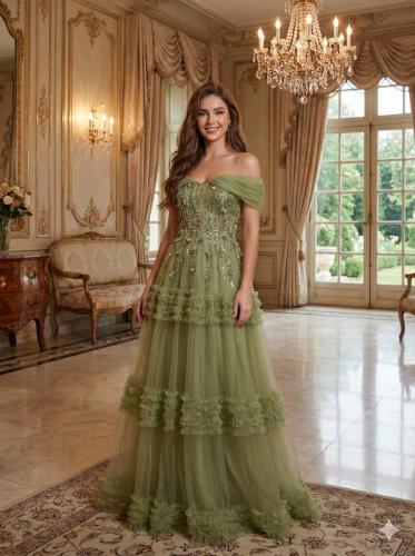 فستان سهرة أخضر زيتي فخم بأكتاف منسدلة