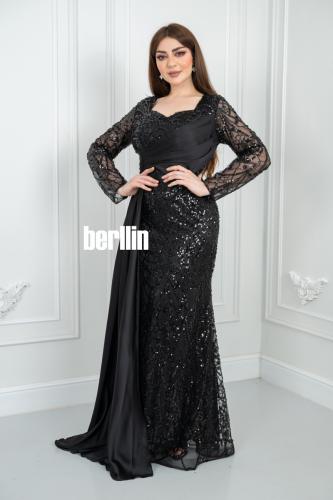 فستان سهرة أسود بتطريز ترتر مع تصميم أنيق وأكمام ش...