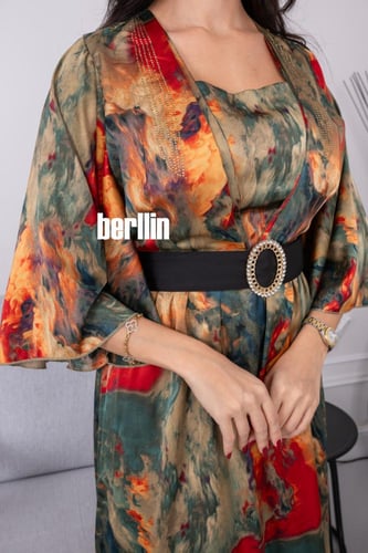 فستان ناري ناعم مشجر مميز بحزام وكم مفتوح