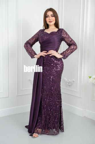 فستان سهرة موف بتطريز ترتر مع تصميم أنيق وأكمام شف...