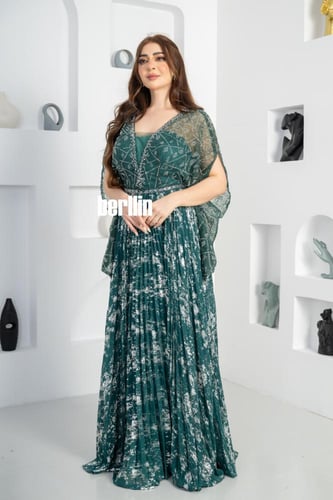 فستان سهرة طويل بليسية اوف شولدر مطرز لون اخضر