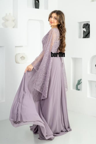 فستان سهرة طويل بليسية اوف شولدر مطرز لون موف