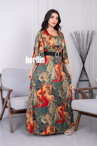 فستان ناري ناعم مشجر مميز بحزام وكم مفتوح