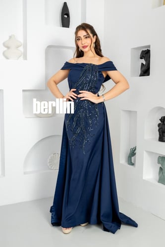 فستان سهره طويل اوف شولدر لون كحلي داكن