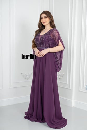 فستان سهرة طويل بليسية اوف شولدر مطرز لون ليلكي