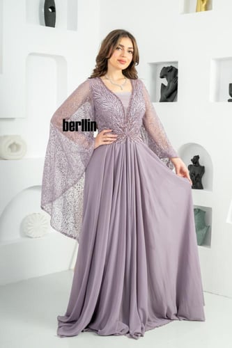 فستان سهرة طويل بليسية اوف شولدر مطرز لون موف