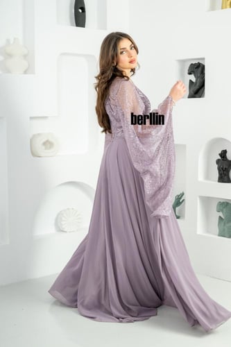 فستان سهرة طويل بليسية اوف شولدر مطرز لون موف