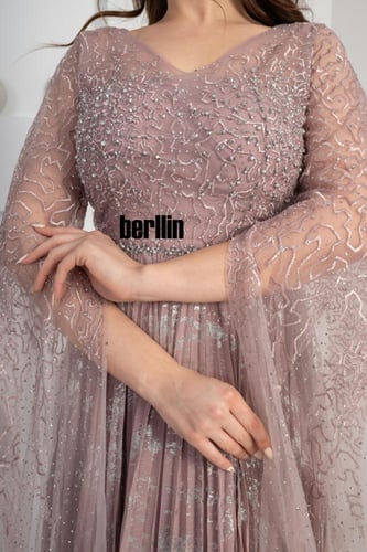 فستان سهرة شيفون بليسية مزين باللؤلؤ لون وردي