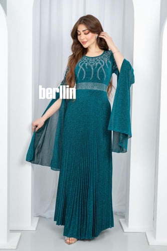 فستان سهرة فيروزي مطوي بالكامل بحزام لامع وأكمام ف...