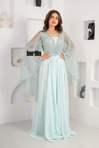 فستان سهرة طويل بليسية اوف شولدر مطرز لون تيفاني