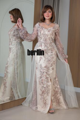Elsa evening gown, sky blue, embroidered, with puffed chiffon sleeves and a cape