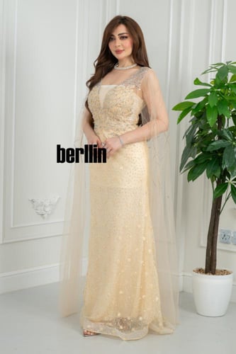 فستان سهره شامبانيا مرصع بنجوم نجمي بكاب تول شفاف...