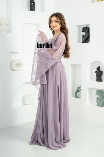 فستان سهرة طويل بليسية اوف شولدر مطرز لون موف