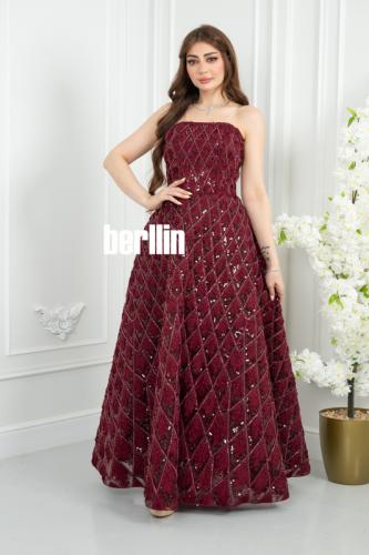 فستان سهرة بورغندي مخملي بتطريز ألماسي وترتر لامع