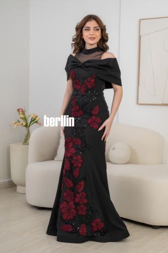 فستان سهرة أسود ملكي بقصة حورية البحر وتطريز ورود...
