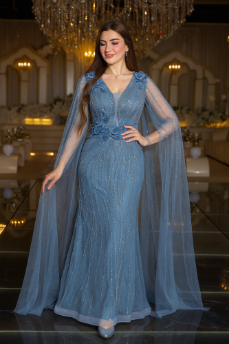 فستان سهرة رحيق السماء بكاب شفاف وزهور ثلاثيّة الأ...