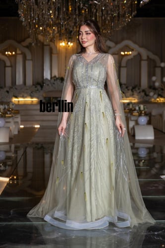 فستان سهرة همس الميموزا بكاب تول ساحر وتطريز فضي م...