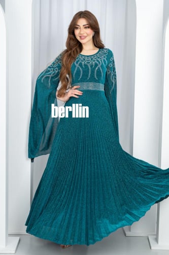 فستان سهرة فيروزي مطوي بالكامل بحزام لامع وأكمام ف...