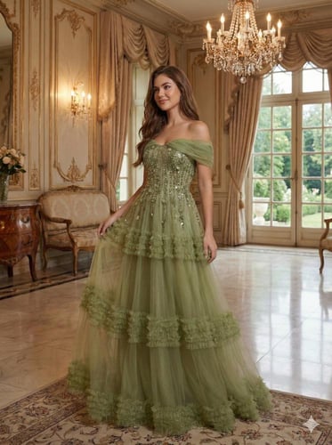 فستان سهرة أخضر زيتي فخم بأكتاف منسدلة