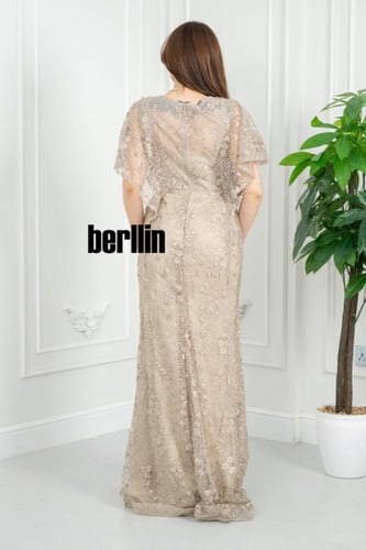 فستان سهره شامبانيا مطرز بكاب دانتيل فراشة وحواف ك...