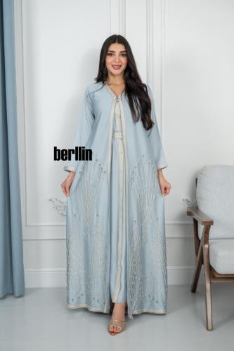 جلابية قطعتين مغربي مميزة بتطريز وفصوص لون سماوي ف...
