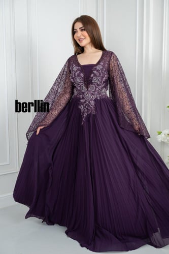 فستان سهرة طويل بليسية اوف شولدر مطرز لون بنفسجي