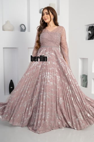 فستان سهرة شيفون بليسية مزين باللؤلؤ لون وردي