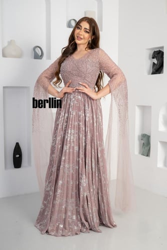 فستان سهرة شيفون بليسية مزين باللؤلؤ لون وردي