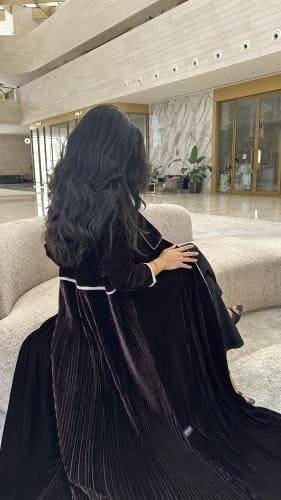 Brown velvet abaya with beige crepe, flared style
