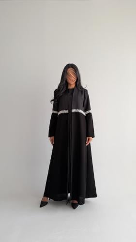 Black crepe fabric abaya with dark gray crepe and...
