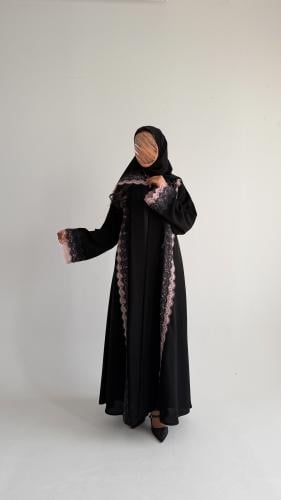 Black crepe fabric abaya with pink and black lace,...