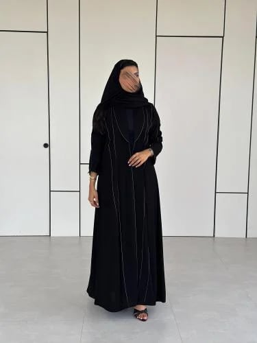 Black royal crepe abaya with embroidery and flared...