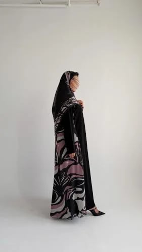 Black crepe fabric abaya, chiffon, printed, flared...