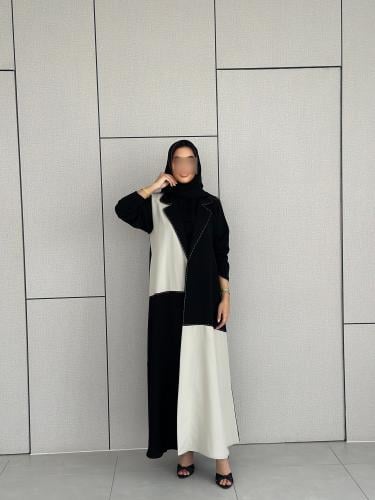 Black crepe abaya with beige crepe and beige hand...