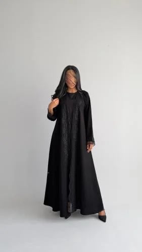 Black crepe fabric abaya with black embroidered de...