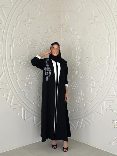 Black crepe abaya with white crepe and hand embroi...