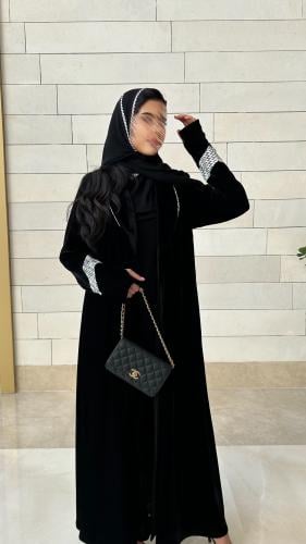 Black velvet abaya with striped crepe, flared styl...